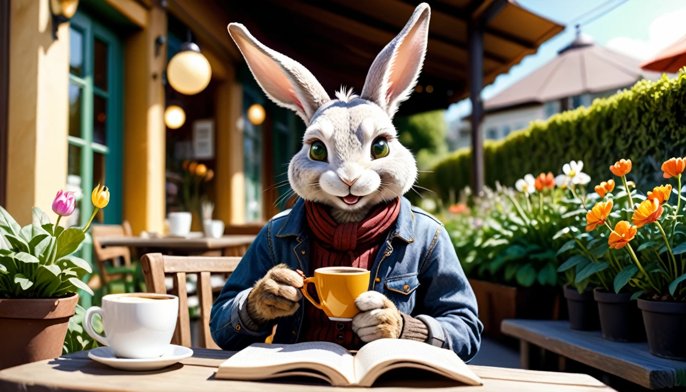 (photo film style), anthropomorphic, cute little rabbit, drinking hot coffee, cafe terrace, green garden, smiling, reading a book, wearing casual clothes, 2D, colorful, warm atmosphere, shiny, Jean-Baptiste Monge style, Alan Lee style