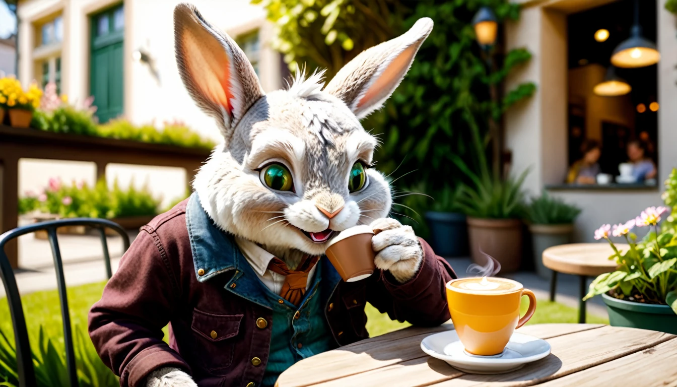 (photo film style), anthropomorphic, cute little rabbit, drinking hot coffee, cafe terrace, green garden, smiling, reading a book, wearing casual clothes, 2D, colorful, warm atmosphere, shiny, Jean-Baptiste Monge style, Alan Lee style