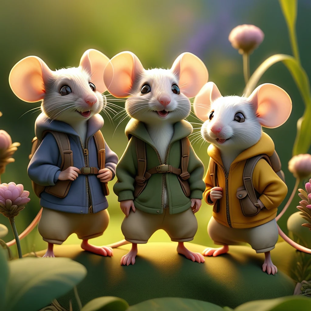 a group of mice wearing hiking clothes in a lush garden, panoramic view of a scenic field, intricate details, highly detailed, 8K, photorealistic, masterpiece, cinematic lighting, golden hour, vibrant colors, magical realism