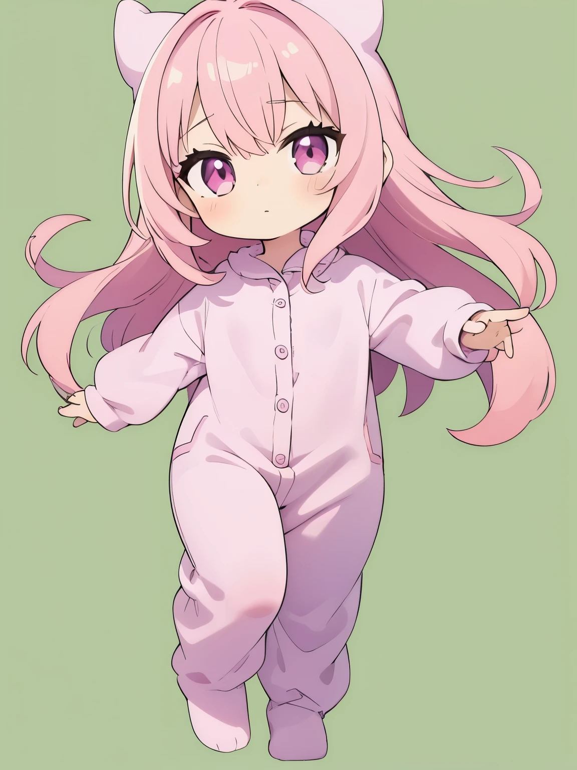 girl, light pink hair,dark pink eyes,pink T-rex onesie pajamas, chibi, full body, green background only, Without background, Simple background,shoot from front, looking at viewer