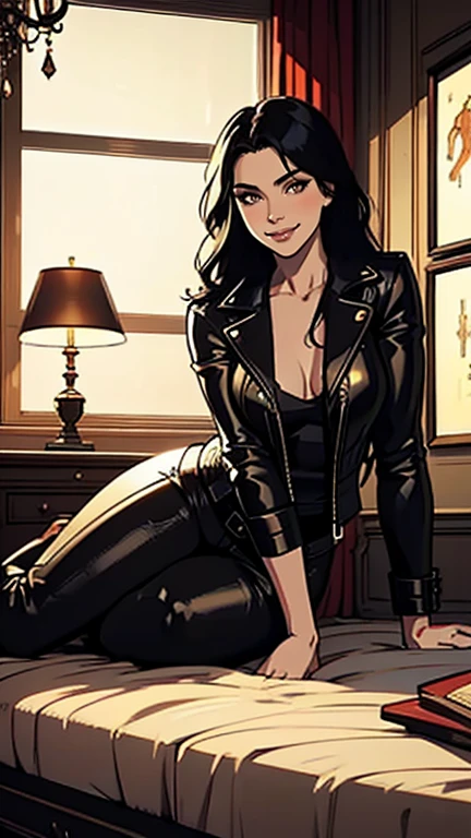a beautiful young woman, (1girl:1.2), full body portrait, realistic, photorealistic, masterpiece, 8k, high detail, realistic skin textures, extremely detailed face and eyes, long black hair, fit and athletic body, 18 years old, smiling shyly and looking slightly embarrassed, seductive and sexy pose, black long pants, black leather jacket, dramatic lighting, cinematic composition, warm color tones