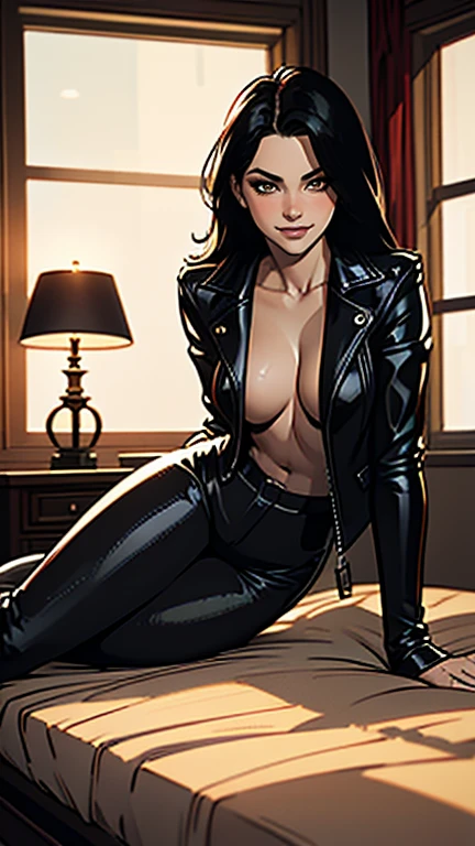 a beautiful young woman, (1girl:1.2), full body portrait, realistic, photorealistic, masterpiece, 8k, high detail, realistic skin textures, extremely detailed face and eyes, long black hair, fit and athletic body, 18 years old, smiling shyly and looking slightly embarrassed, seductive and sexy pose, black long pants, black leather jacket, dramatic lighting, cinematic composition, warm color tones