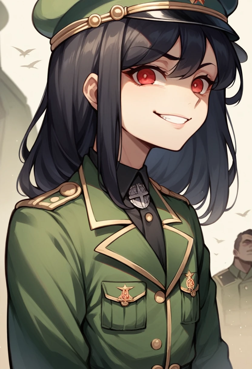 Ridiculous resolution, high resolution, very detailed, In World War II military uniform, battlefield, ,black german soldier uniform, young face, sly expression, evil smile, black hair, red eyes, femboy, cartoon, Anime, black clothes,