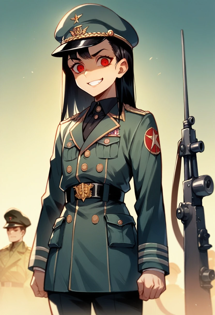 Ridiculous resolution, high resolution, very detailed, In World War II military uniform, battlefield, ,black german soldier uniform, young face, sly expression, evil smile, black hair, red eyes, femboy, cartoon, Anime, black clothes,