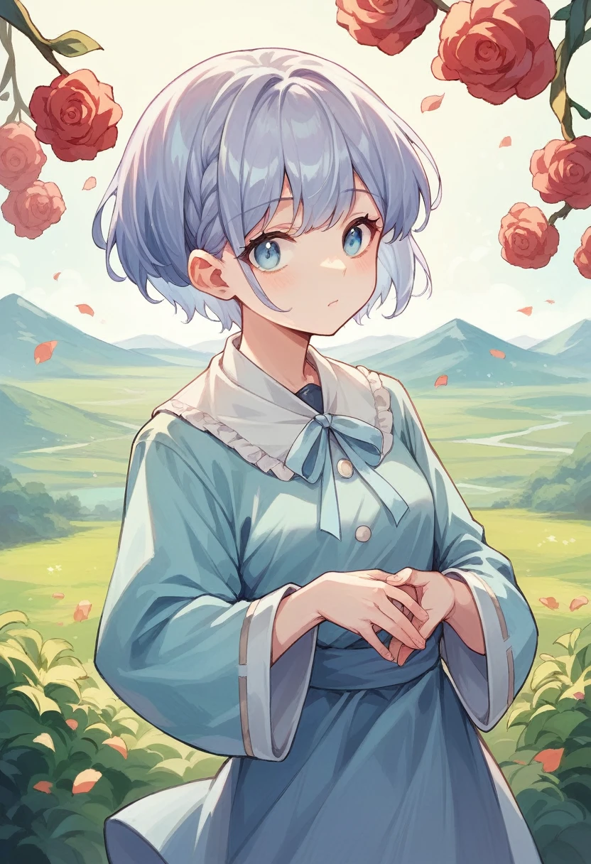Two 18 year old delicate and beautiful anime girls with light blue eyes and long light lilac hair in a landscape with a very cute anime girl with short hair who are sisters (artwork) anime (Masterpiece)