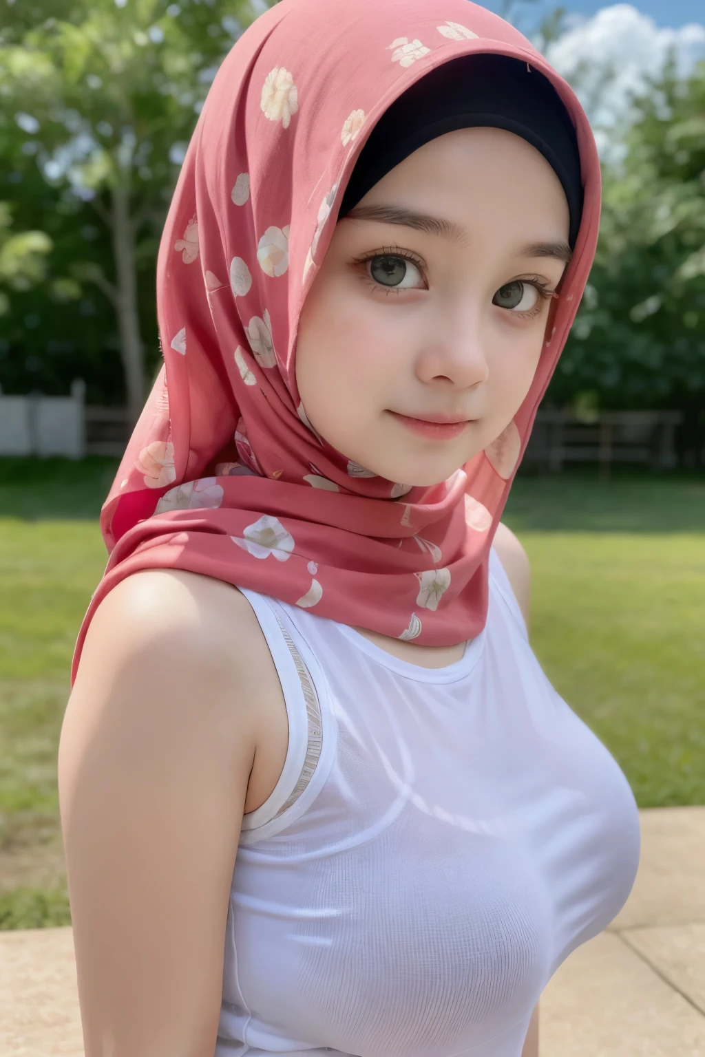 Jumbo (Singlet), Chubby adorable, 1 girl, (face to face), , baby face, hf body portrait, (face details: 1), (eye details: 1), ((big breasts)). wearing transparent transparency soft long shirt, hijab, .. Cute posed. proportional body. Ultra High Res. realistic: 1.4, UHD, (floral pattern), view from side seductive pose 