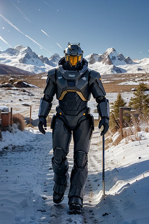 A golden and gray humanoid robot walking, researching the soil with an LED light that touches the ground, carrying out analyzes and collecting samples of soil components , not just with snow, in the background frozen mountains (( there is no vegetation and there are no trees on this planet)).View outside the ship.