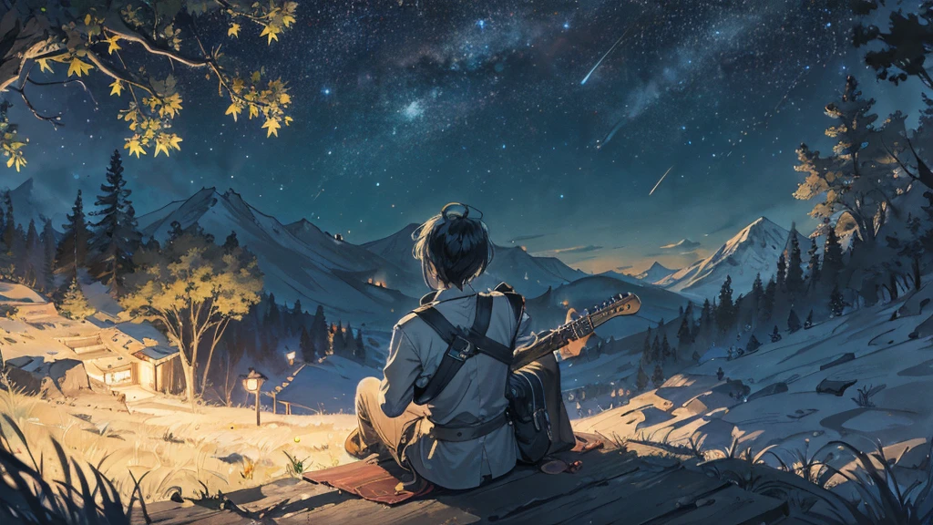 Late Night。Under the stars。On the hill, far away、Alone, with his back towards me, he plays an acoustic guitar。