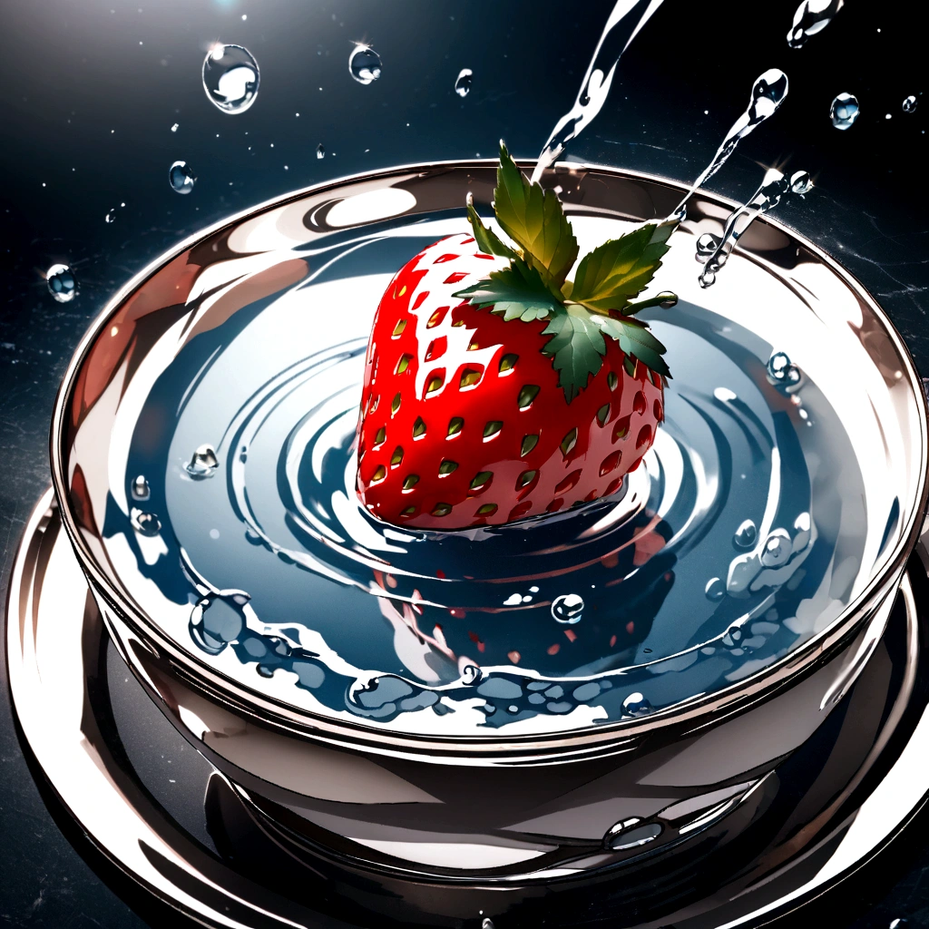Cinematic RAW Photos,Ultra-realistic photos,Ultra-realistic photos,Digital SLR,Soft lighting,Product photo of five strawberries falling into water、Dripping、Splashing clear liquid、Water flower,Dynamic Composition Star Part) (Highest quality) (be familiar with) (Cinema Lighting) (Sharp focus) (Complex), Master Parts, Highest quality, Ultra-high resolution, 8K Ultra HD
