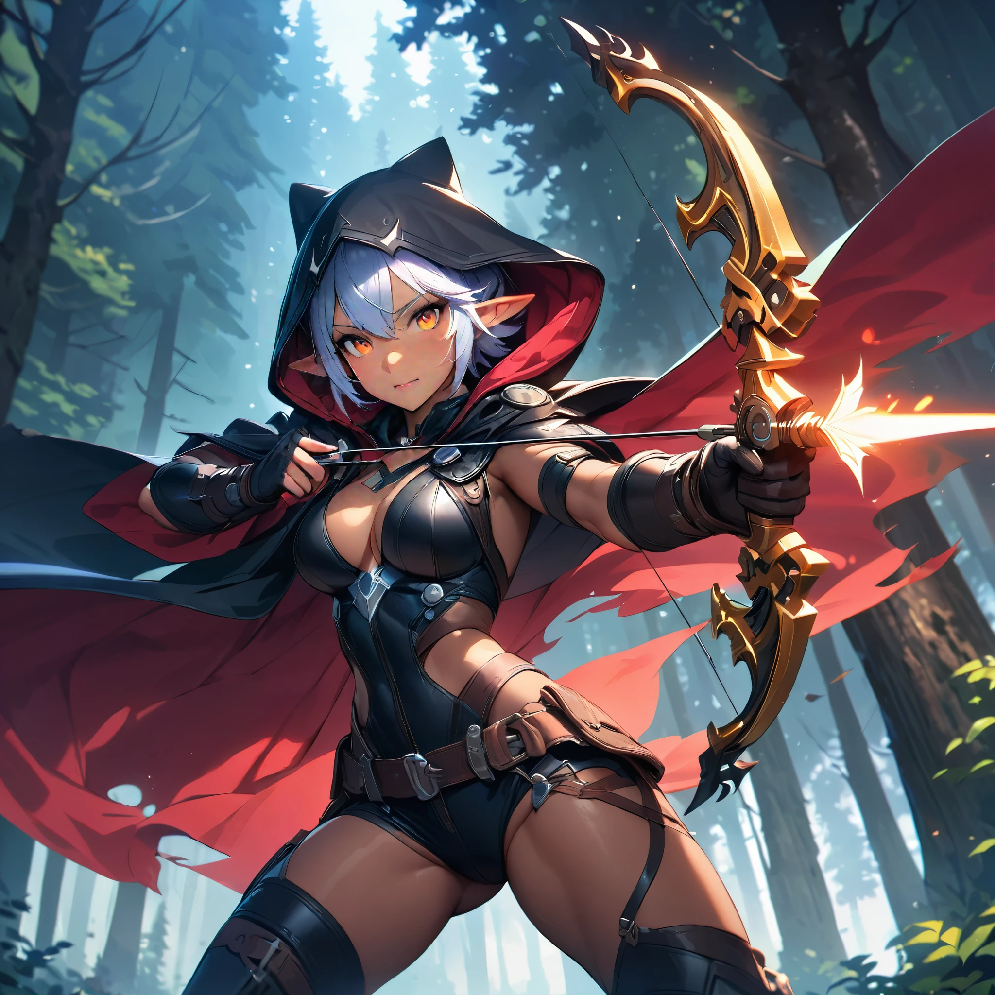 (Ashe: Archer,Characters appearing in League of Legends,female elf hunter),nordic forest background,black hooded cloak,Eyes aiming at prey,(bow \(weapon\), arrow \(projectile\), holding bow \(weapon\), aiming, holding arrow, drawing bow,),BREAK,(bow: structurally correct),BREAK,(masterpiece:1.3),(highest quality:1.4),(ultra detailed:1.5),High resolution,extremely detailed,unity 8k wallpaper,anatomically correct,perfect anatomy,rich colors,Calm color scheme,Carefully depicting a beautiful Nordic forest,walk among the trees