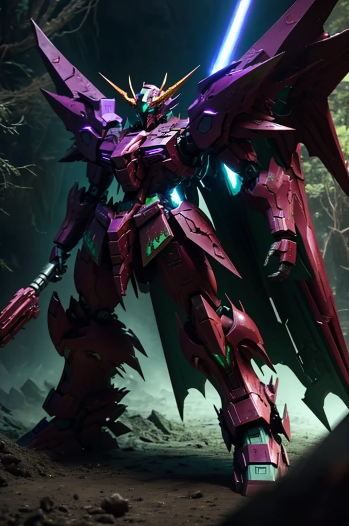 A high-quality, cinematic still of the Nidhogg Gundam in a subterranean battle, featuring a dark purple and forest green body with a V-fin resembling dragon horns. The Gundam can transform into a dragon form, specialized for underground combat. Nidhogg Gundam uses World Eater, spraying a corrosive liquid that melts armor and earth alike. The scene is lit by the dim, eerie glow of the underground environment, highlighting the Gundam's draconic features. Taken with a Canon EOS 5D, 32k UHD, the whole body