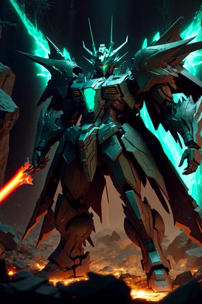 A high-quality, cinematic still of the Nidhogg Gundam in a subterranean battle, featuring a dark purple and forest green body with a V-fin resembling dragon horns. The Gundam can transform into a dragon form, specialized for underground combat. Nidhogg Gundam uses World Eater, spraying a corrosive liquid that melts armor and earth alike. The scene is lit by the dim, eerie glow of the underground environment, highlighting the Gundam's draconic features. Taken with a Canon EOS 5D, 32k UHD, the whole body