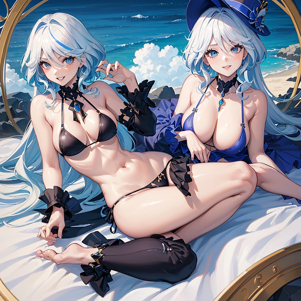 ((masterpiece, high resolution, better quality, better details)), (anime), a woman lying on a bed on the beach, ((toothy smile)), ((royal blue micro bikini with black details)), ((thong bikini)), cleavage, black neck choker, large straw hat, white hair with blue highlights, shiny skin, ((slender body)), front view, beach landscape, wide hips, slim waist, big breasts,