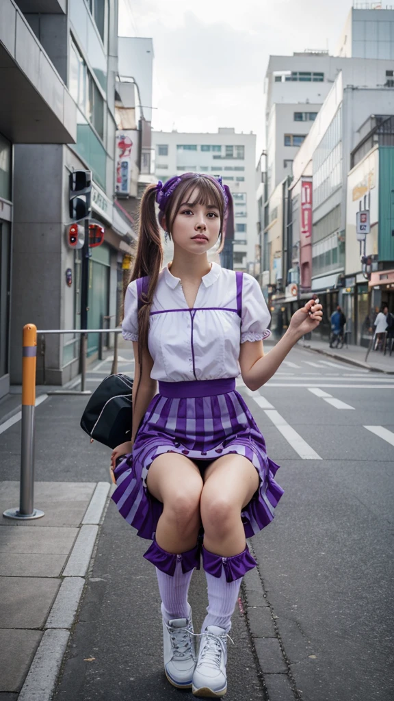 ((masterpiece, best quality))1girl, solo, fashion purple dress modern future, electric guitar, headphones, ponytail, holding, holding plectrum, instrument, very very long brown hair, music, one side up, teal hair, twin tails, playing guiter, pleated long skirt fashion, fashion cosplay japan dress modern purple and white, interior, full body, purple, sit down in retro classic chair, walking, jumping, beautiful boot modern, background japan city, fashion costume cosplay japan modern, execited, dancing, jumping, running, fighting, having lunch