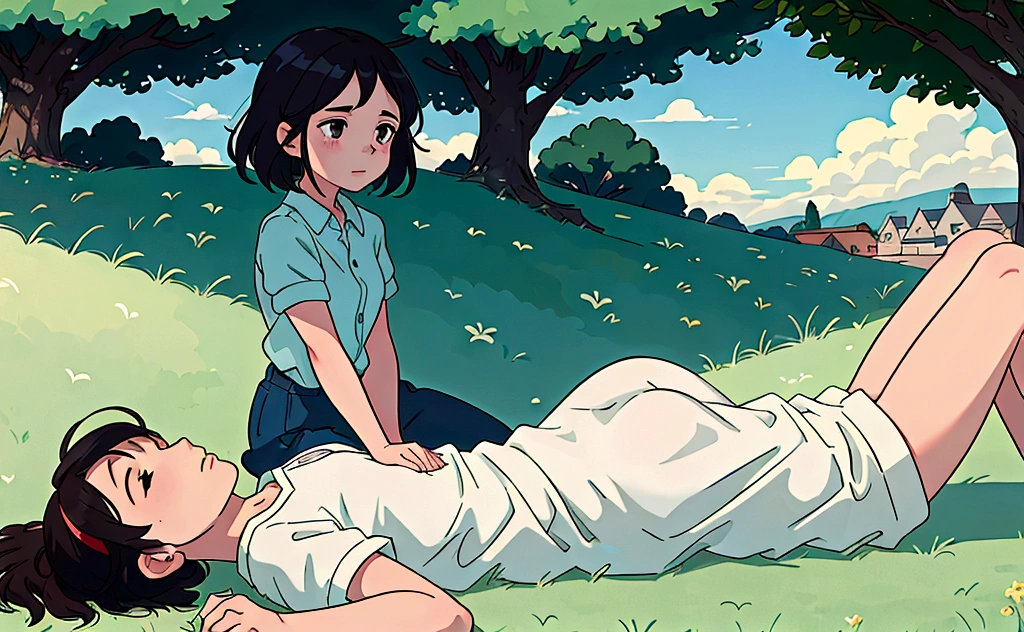 A boy and a girl lying on the grass relaxing in the sun, Studdios Ghibli style illustration