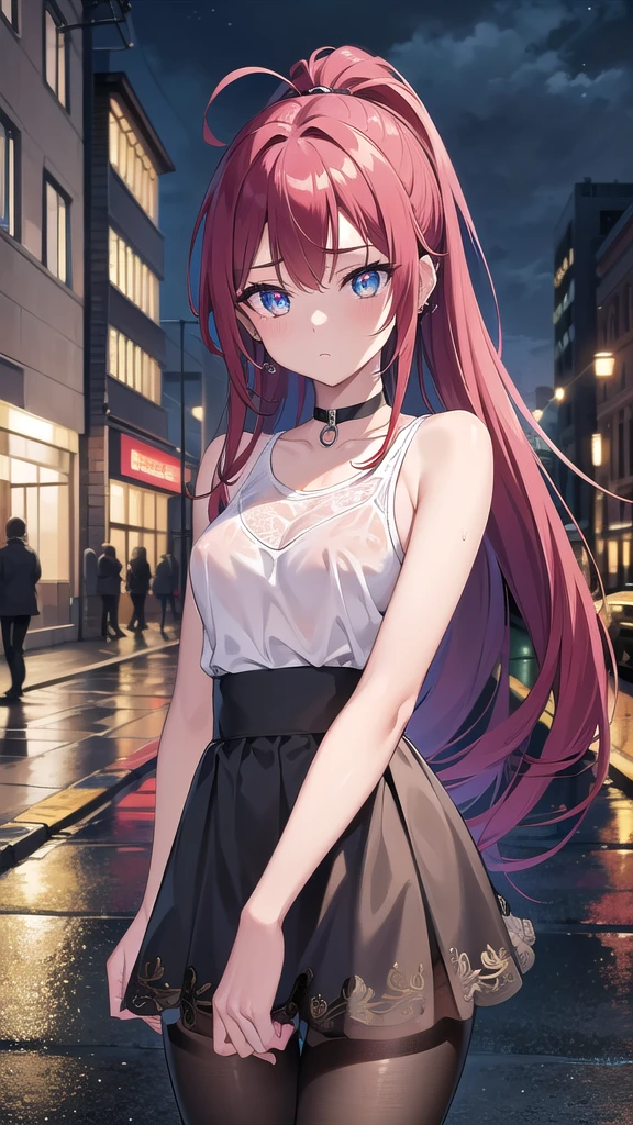 Masterpiece, top quality, best quality, official art, beautiful and aesthetic, anime, 1girl,extremely detailed, colorful, more detailed ((ultra-detailed)), (highly detailed CG illustration),Best Quality, High resolution, Unity 8k Wallpaper, (Illustration:0.8), (Beautiful detailed eyes:1.6), extra detailed face, Perfect Lighting, extremely details CG, (Perfect hands, Perfect Anatomy),city,street,night,wet road,reflections,lights,red long hair, cat ears,ponytail,blue eyes, barrette,black choker,earrings,skinny fit,small breast,shoulders,white shirt,wet shirt,nipples,high-waist skirt, pantyhose,upskirt,panties, looking in camera,
