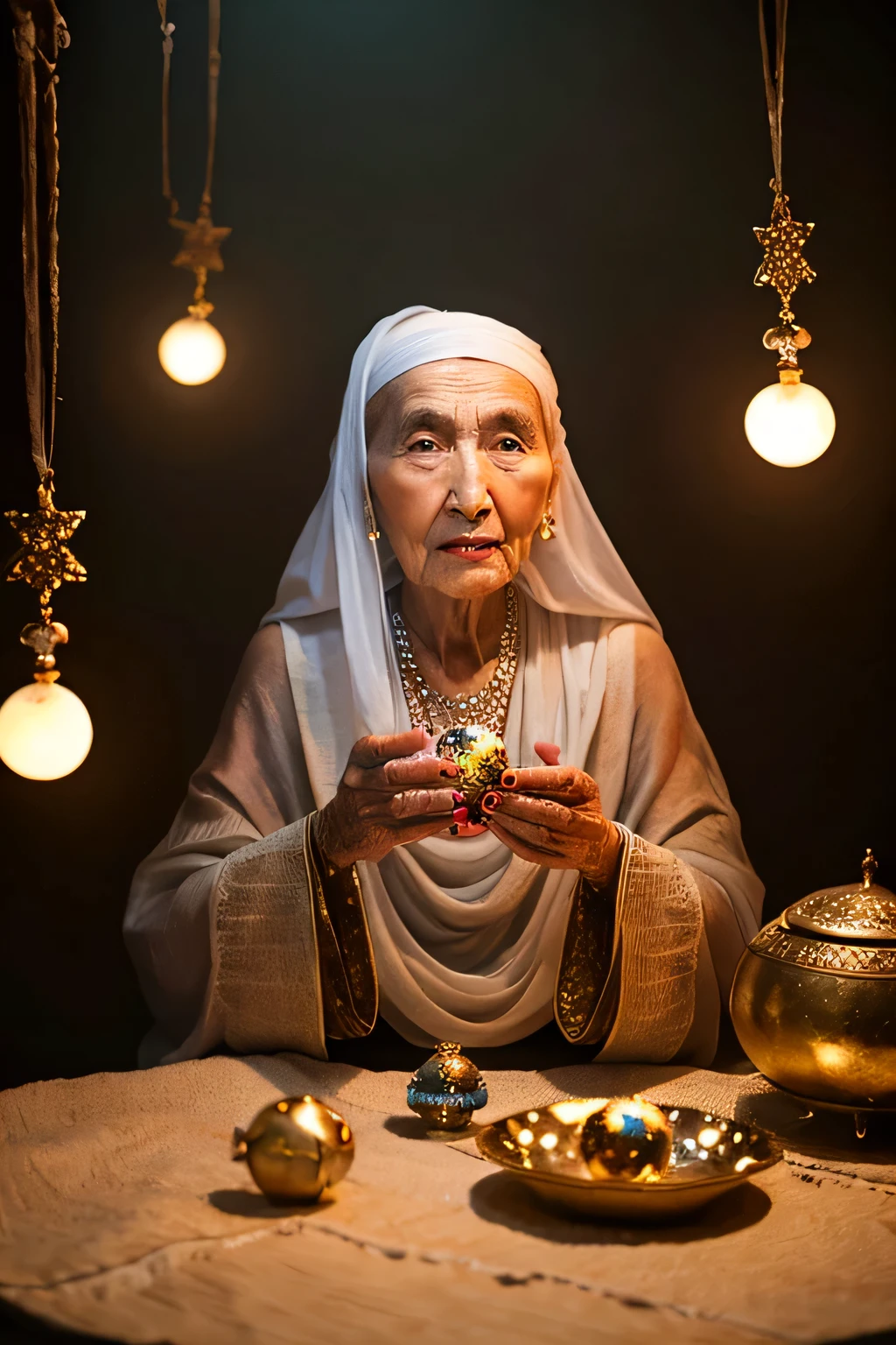 An old woman who looks like a fortune teller with a crystal ball and a cloth on her head speaks to us.