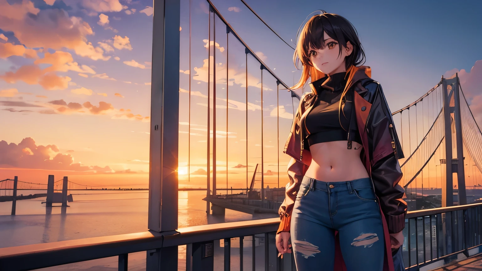 Girl, wearing a crop top and big loose jacket and tight jeans, leaning on the railing on a big suspension bridge overlooking a city next to a big bay. At daybreak, with orange sky.