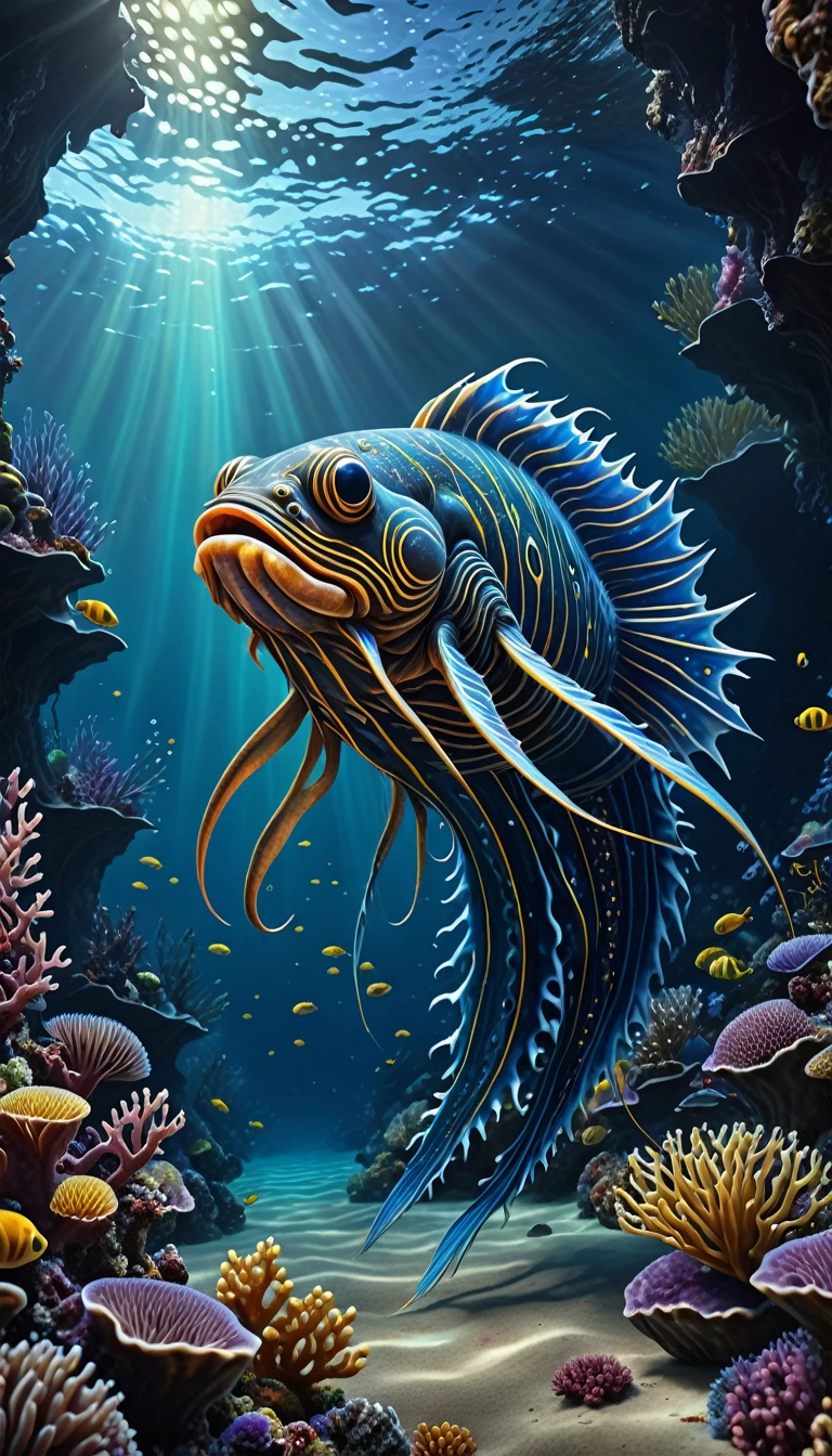 a highly detailed and photorealistic painting of the psychrolutes marcidus, a mysterious deep sea creature, in a full landscape scene, hyperrealistic, 8k, masterpiece, ultra detailed, intricate patterns, realistic lighting, fantasy creature