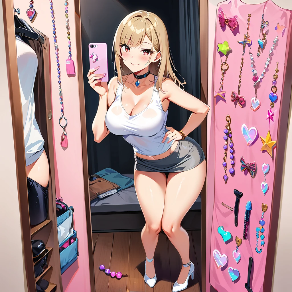 marin kitagawa,closet,trying different clothes,a lot of clothing,looking at herself in mirror,white heels, large breasts , fullbody, perfect body,white shirt, gray skirt,smiling,make selfie in mirror,choker,hand on hip,standing in sexy pose,1female, dildo on background, anal beads on background,latex clothes on background,gag on background ,solo,sextoys on background,sex trinkets on background,thongs on background,solo