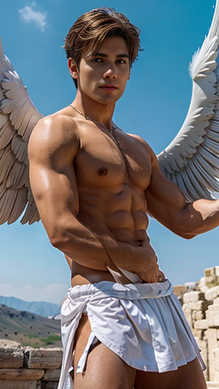 portrait, 1boy, character, imagine an archangel, blonde hair, toned, toga, greek toga, angel, imposing, boy, handsome, attractive boy, white skin, greek face, white toga, magnanimous, glorious, 22 years old, real, high fidelity, film grain, man with wings, white wings, Greek god, symmetrical, symmetrical body, beautiful body, artistic, mythological being