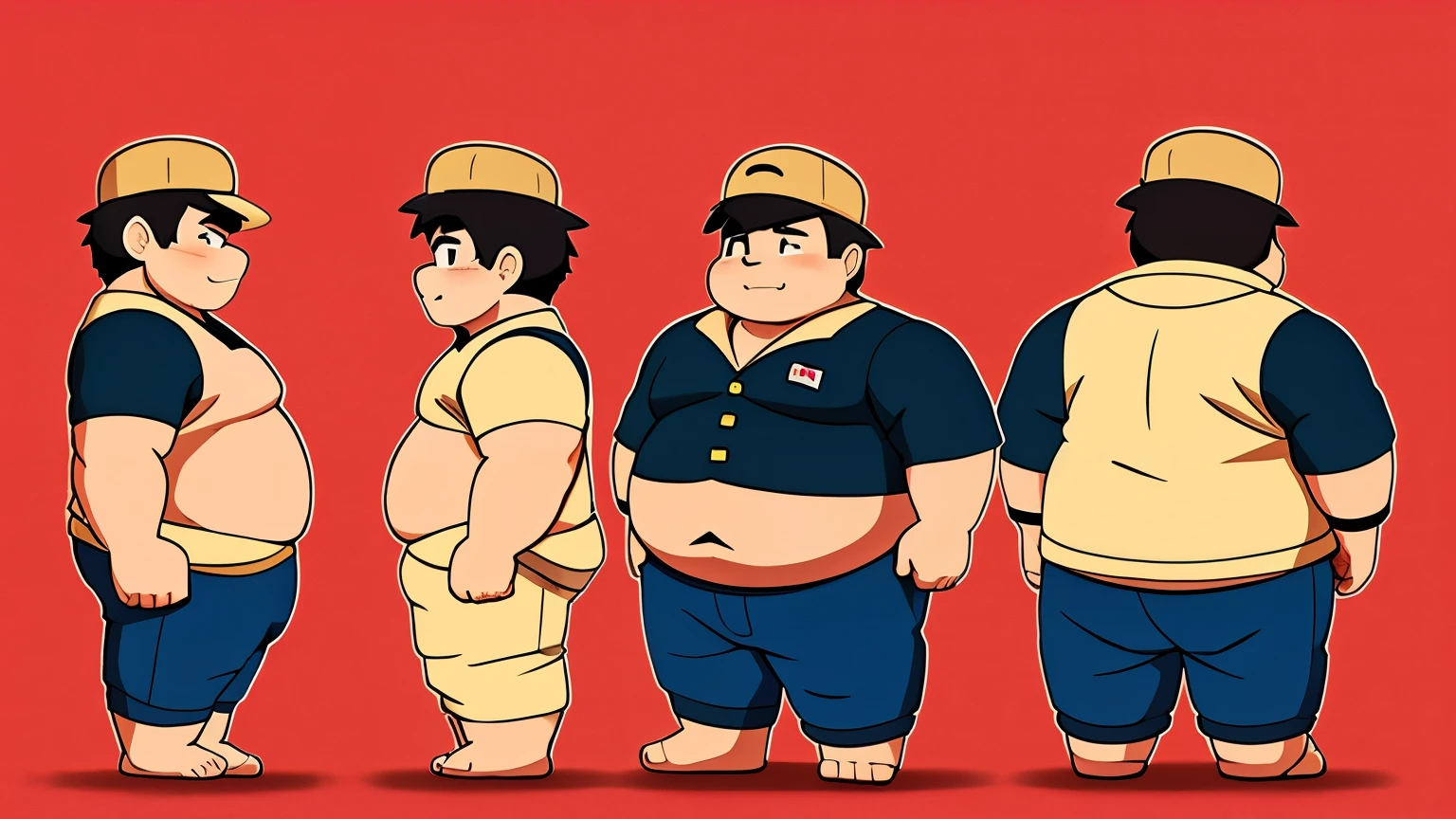 fat stocky man anime character, straight male style of 30 years, character sheet 