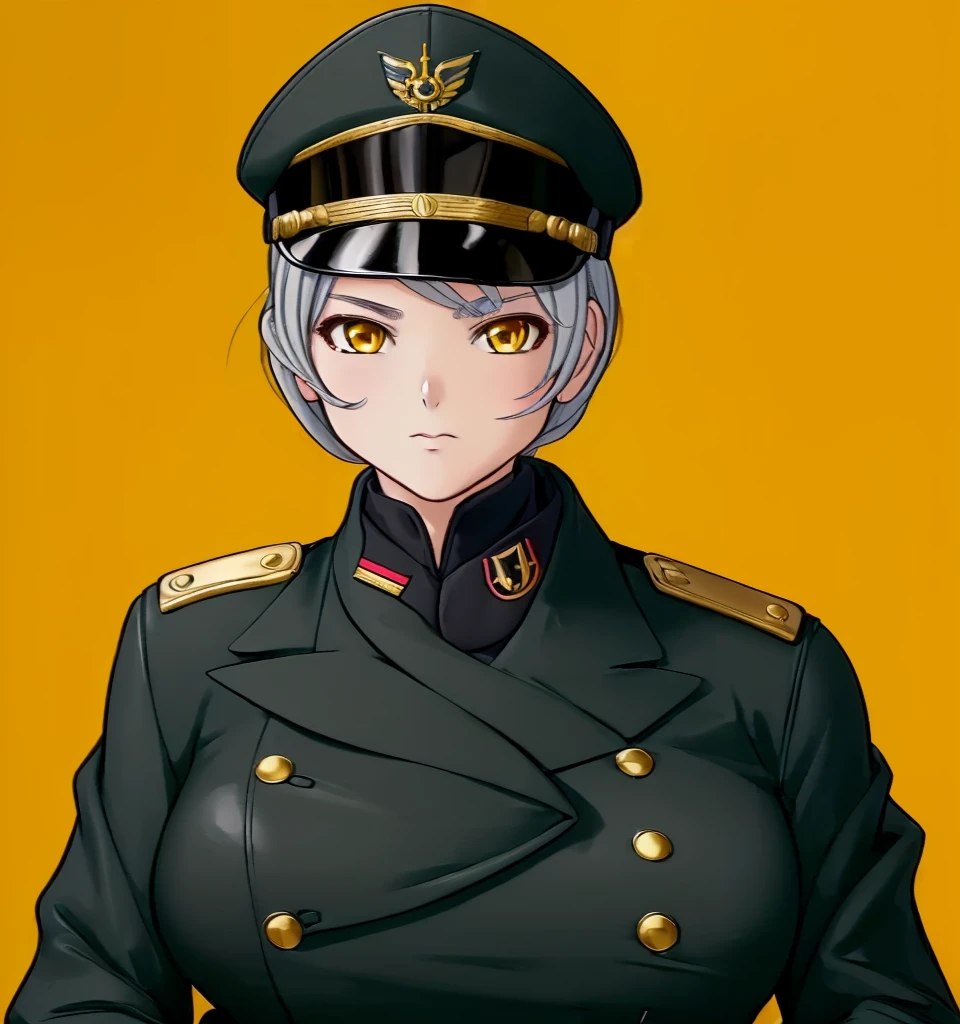 (1girl:1.3), (exceptional, best aesthetic, new, newest, best quality, anime, waifu:1.2), master piece, best quality, ultra detailed, absurdres, highres, colored, good anatomy, grey hair, woman breast, sexy, kaki color military uniform, kaki color kepi peak cap, insignia, medals, ribbons