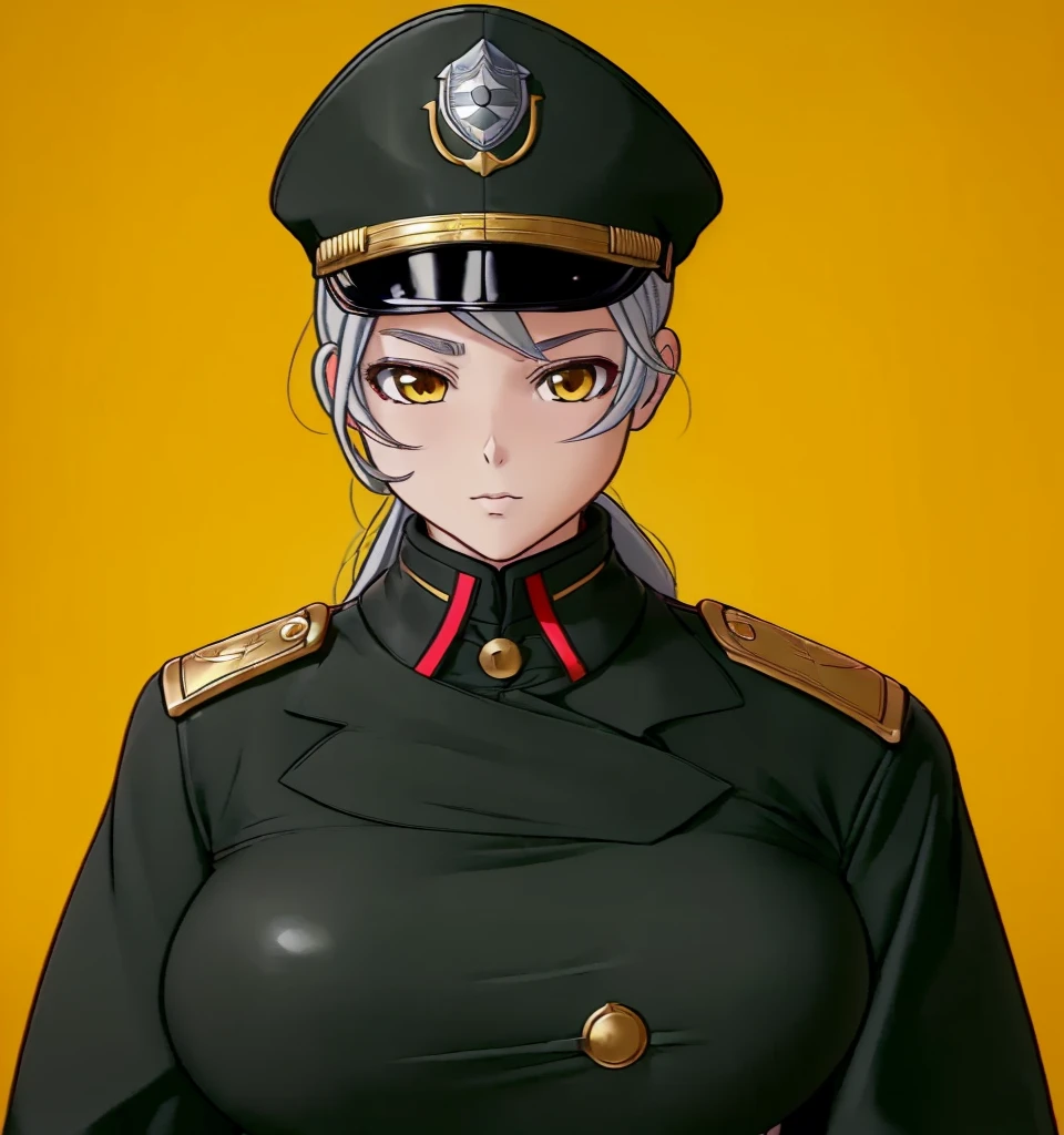(1girl:1.3), (exceptional, best aesthetic, new, newest, best quality, anime, waifu:1.2), master piece, best quality, ultra detailed, absurdres, highres, colored, good anatomy, grey hair, woman breast, sexy, kaki color military uniform, kaki color kepi peak cap, insignia, medals, ribbons