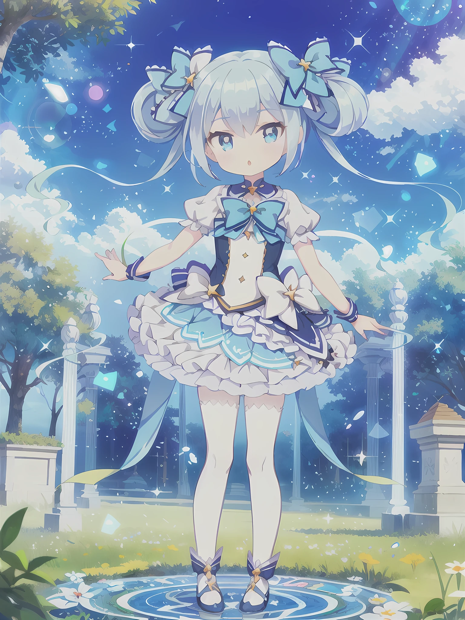 Masterpiece,high quality,high resolution,Detailed Background,Glassy, clear eyes,Lens flare,Blue Hair, Twin tails, Hair between the eyes, 紫のhair bow, eyebrows visible through hair,Magical Girl Clothes,1girl,Floating in the sky,grassland,Are standing,whole body,magic circle