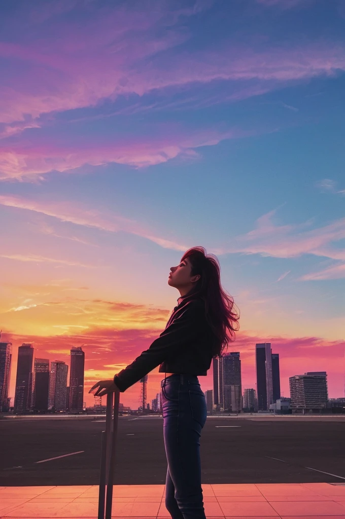 
WOMAN LOOKING AT THE SKY, WHICH IS COLORFUL, AS THE FPV TURN STARTS  70s style, synthwave aesthetic