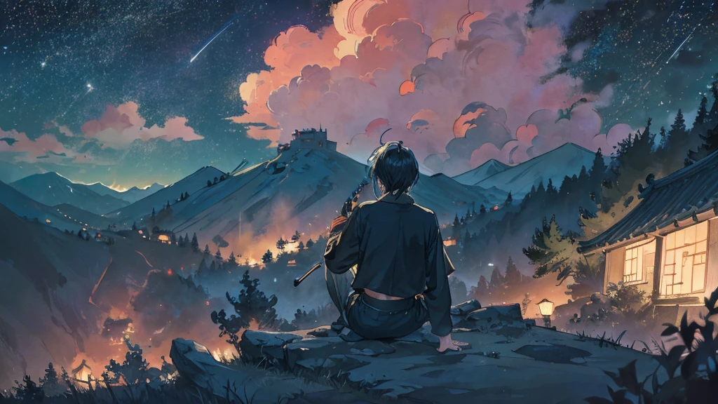 Late Night。Under the stars。On a hill far away、Alone, with his back towards me, he plays an acoustic guitar。