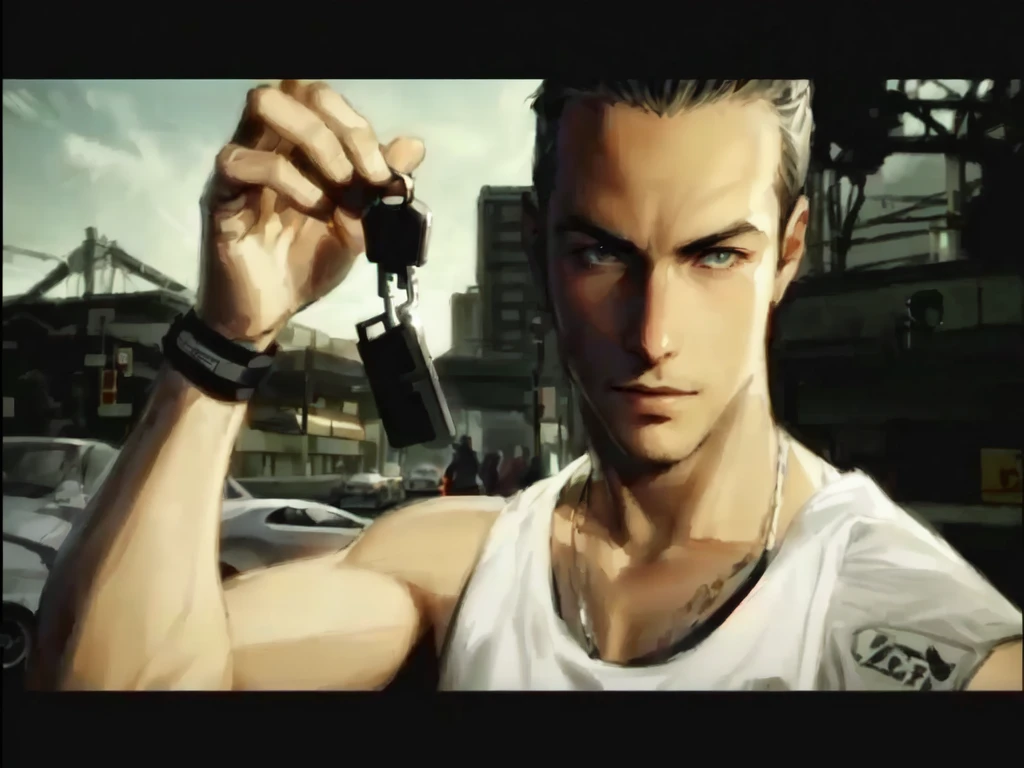 there is a man holding a car key in his hand, Razor Callahan in nfs most wanted, Razor Callahan, as the antagonist of nfs most wanted, need for speed character, as a character from need for speed, nfs art, praise Razor Callahan, video game screenshot>, nfs loading screen, Razor Callahan as street racer, style of nfs most wanted, style of nfs most wanted artworks