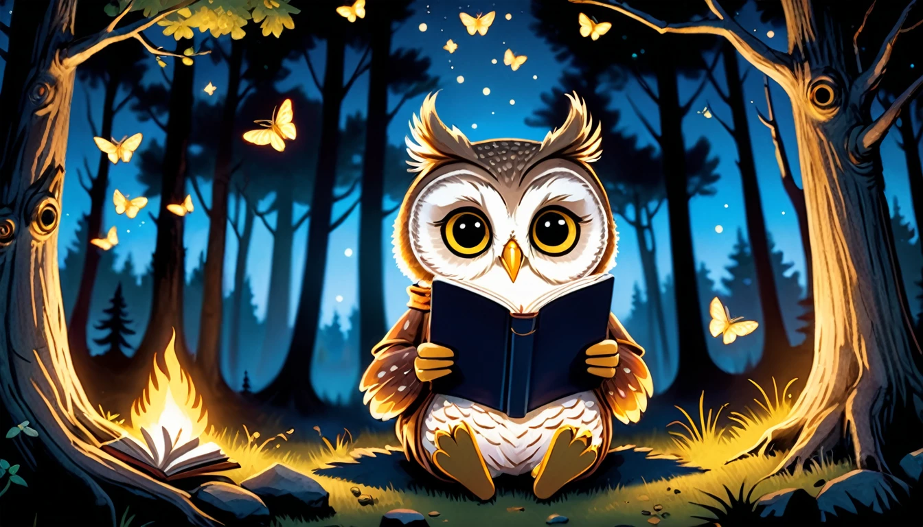 (photo film style), anthropomorphic, cute owl, reading a book, under the tree, quiet forest, night, glowing fireflies, wearing casual clothes, 2D, colorful, warm atmosphere, shiny, Jean-Baptiste Monge style, Alan Lee style