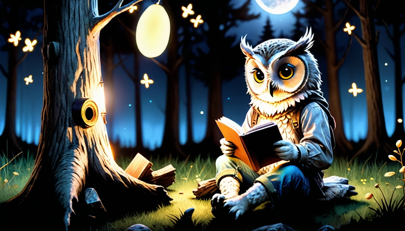 (photo film style), anthropomorphic, cute owl, reading a book, under the tree, quiet forest, night, glowing fireflies, wearing casual clothes, 2D, colorful, warm atmosphere, shiny, Jean-Baptiste Monge style, Alan Lee style