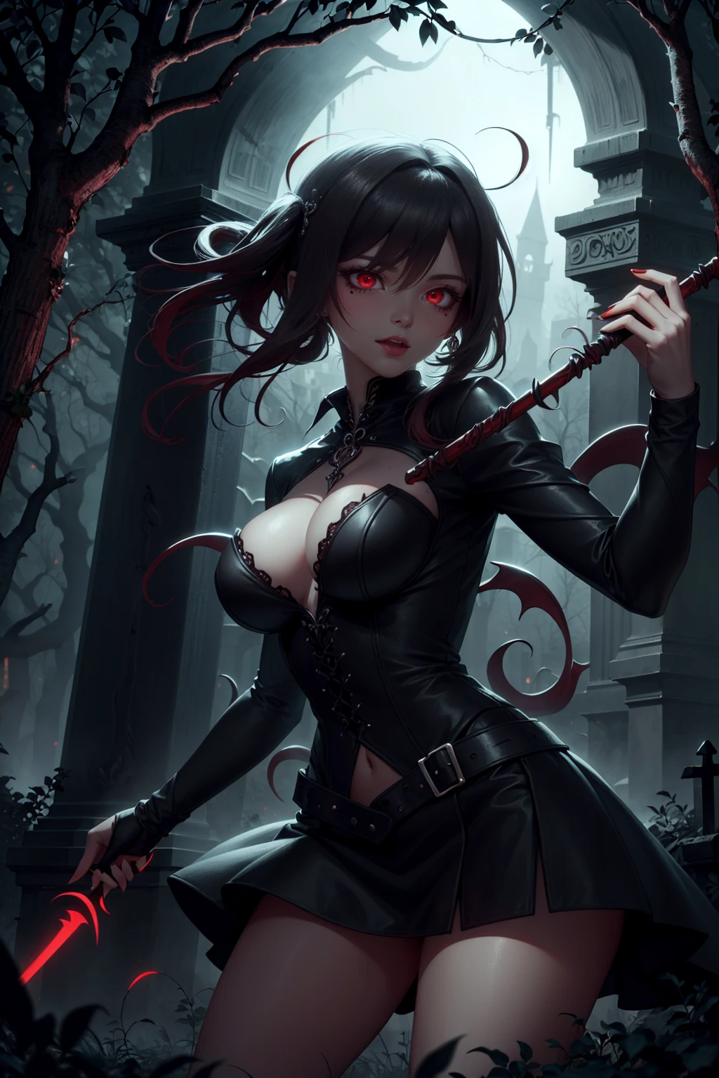 Gothic vampire girl, black gothic clothes, sexy in the cemetery, she is holding a spear, fully body, movement pose