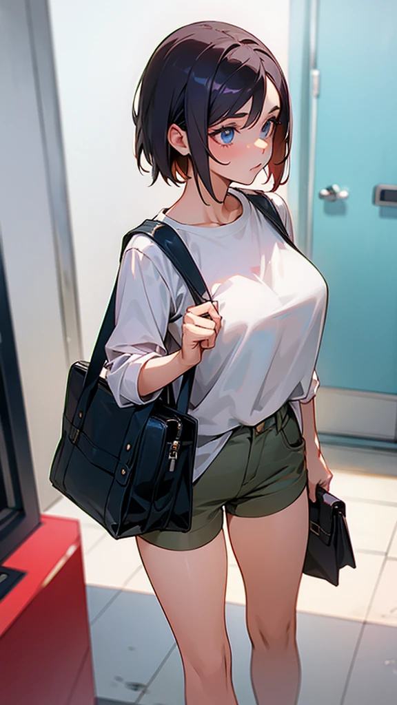 A girl in short clothes showing half of her breasts and holding a bag