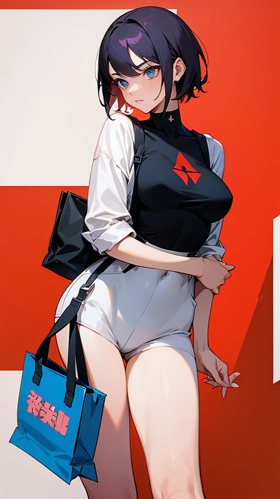 A girl in short clothes showing half of her breasts and holding a bag