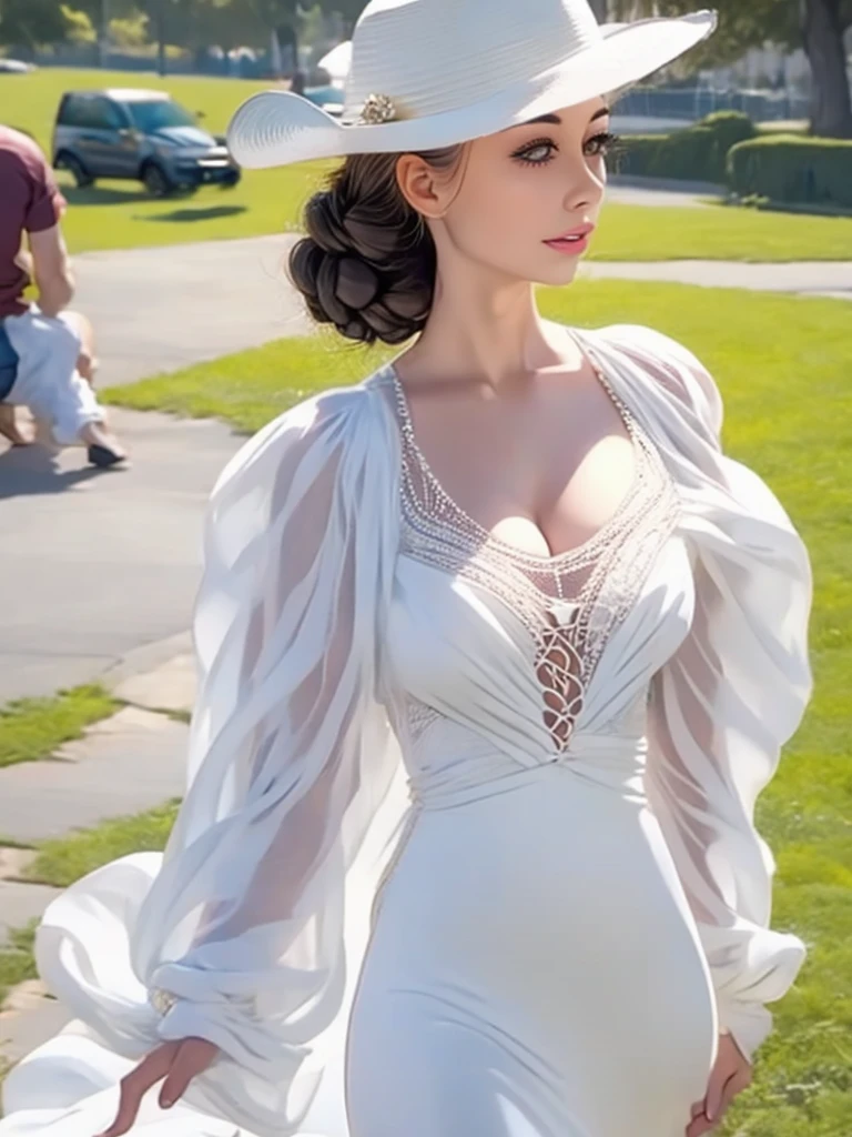 A close up of a woman wearing a white hat and a white dress