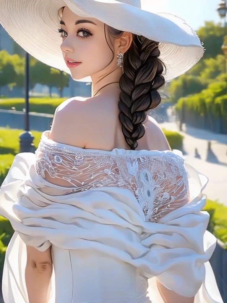 A close up of a woman wearing a white hat and a white dress