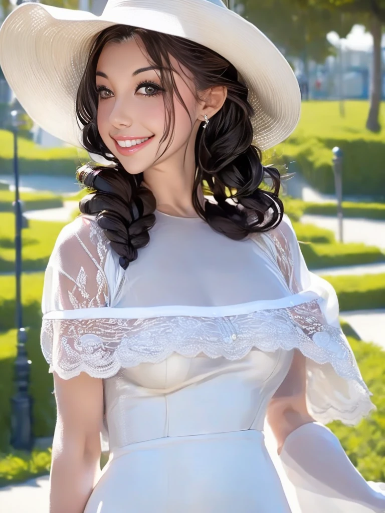 A close up of a woman wearing a white hat and a white dress