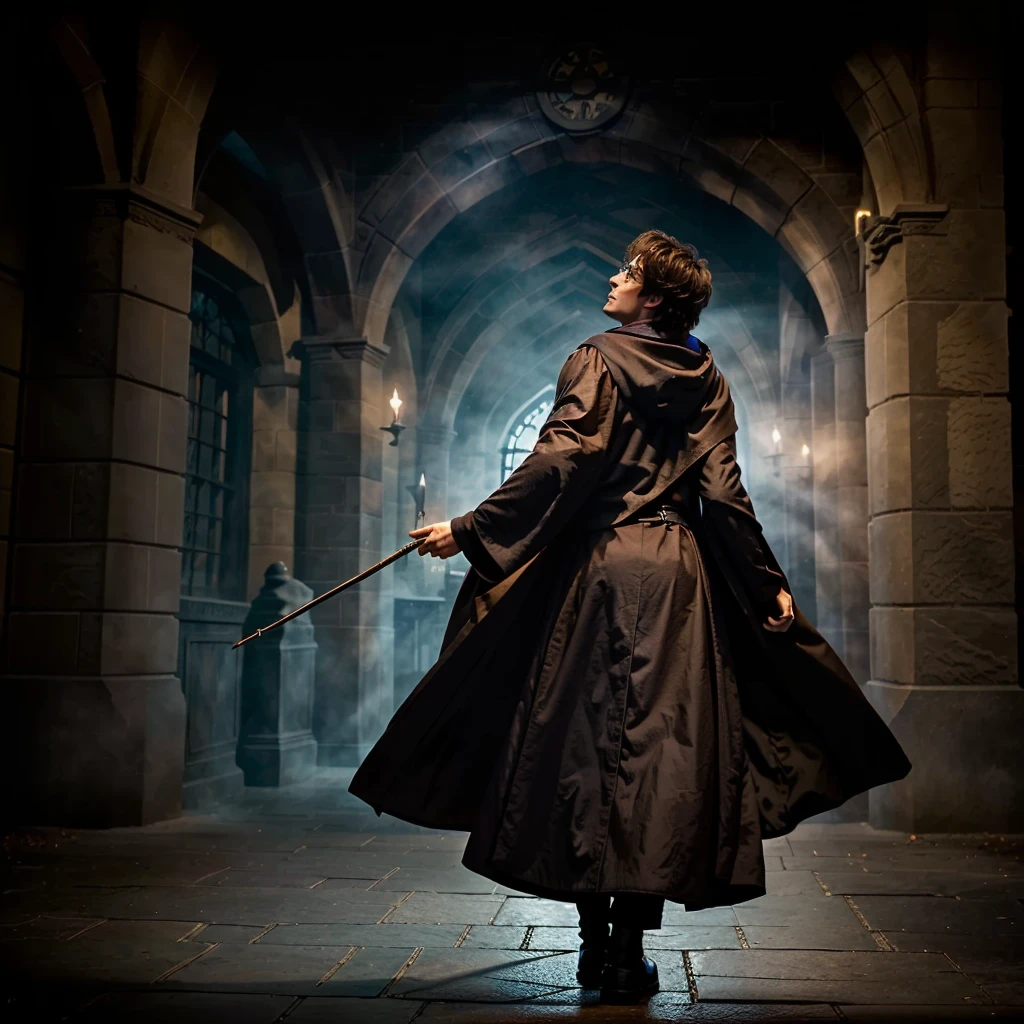 man from back to back and full body with a Harry Potter cloak and a wand, magician&#39;s cloak, wizard robes, wearing wizard robes, wearing black wizard robes, mantle movement waving, old magician&#39;s cloak, wearing a dark cloak, wearing hogwarts!!! robes!!!, wearing a wizard cloak, flowing magic cloak, wizard cloak, wearing red sorcerers robes, wearing aristocrat robe