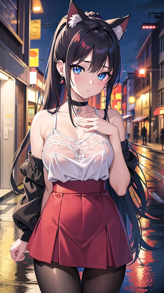 Masterpiece, top quality, best quality, official art, beautiful and aesthetic, anime, 1girl,extremely detailed, colorful, more detailed ((ultra-detailed)), (highly detailed CG illustration),Best Quality, High resolution, Unity 8k Wallpaper, (Illustration:0.8), (Beautiful detailed eyes:1.6), extra detailed face, Perfect Lighting, extremely details CG, (Perfect hands, Perfect Anatomy),city,street,night,wet road,reflections,lights,red long hair, cat ears,ponytail,blue eyes, barrette,black choker,earrings,skinny fit,medium breast,shoulders,white shirt,wet shirt,nipples,high-waist skirt, pantyhose,shows panties, looking in camera,