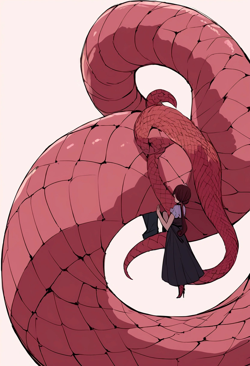 Anime, 90 foot long Lamia Queen with rough Black and red scales coiling a little human boy with her tail.