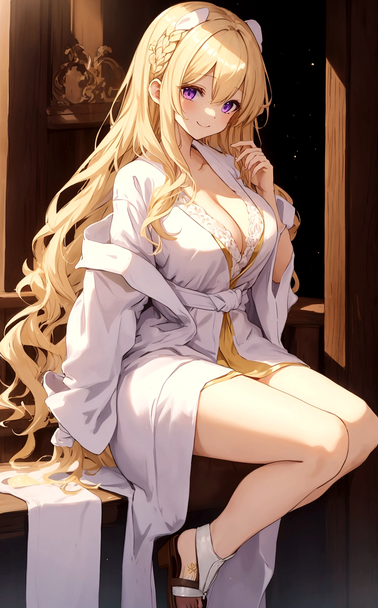 1girl，独奏，Long hair，Chest，Smile，blond，大Chest，Simple background，White background，Cleavage，Purple Eyes，whole body，Bathrobe，sandals，粉色Bathrobe