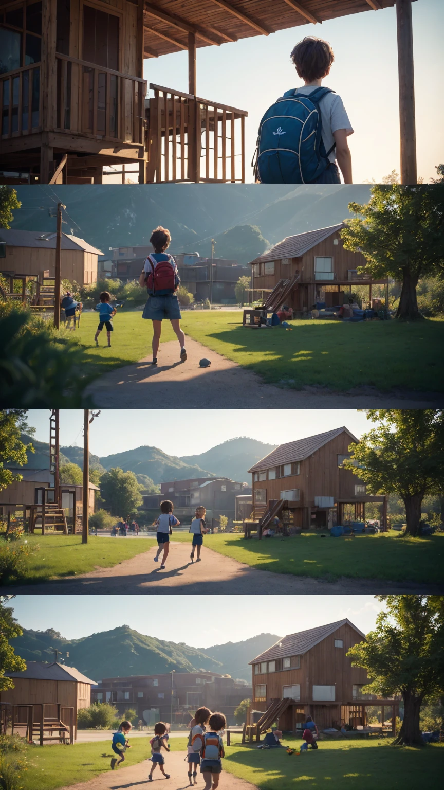 Create a Pixar-style scene set in a summer camp playground. The scene should feature a group of kids with backpacks, interacting and playing. The characters should be in a miniature model style with realistic proportions. Ensure the light source is from right to left, utilizing Rum lighting for a warm and inviting atmosphere. The image should be rendered in an orthogonal perspective with super detailed and photorealistic post-processing to achieve a highly realistic and super realistic look."