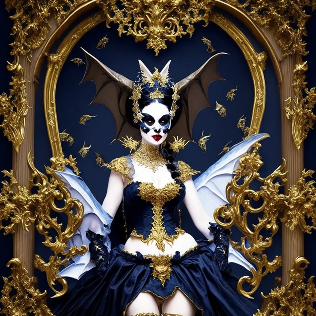 A bat monster lady, gothic rococo fashion, dark blue and white and gold, rococo underworld, terror horror gore