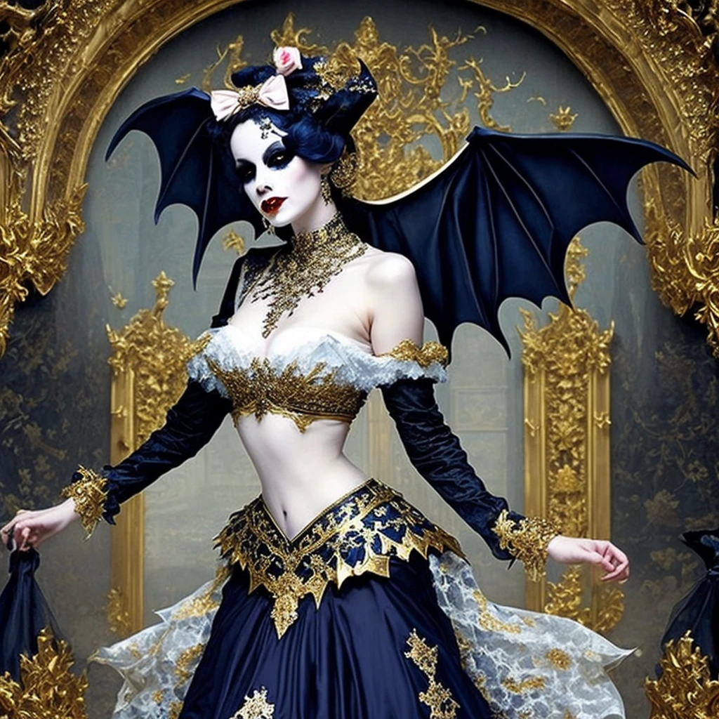 A bat monster lady, gothic rococo fashion, dark blue and white and gold, rococo underworld, terror horror gore