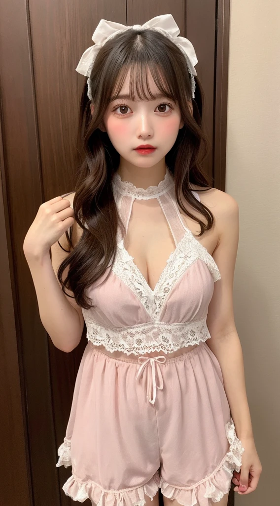 wearing Frilly babydoll and matching shorts,embarrassed,blush:1.3,wearing Halter neck lace teddy with peek-a-boo cups