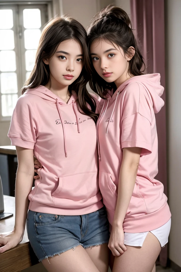 deux femmes ensemble de 18 ans sexy et mince , pink short sleeve hoodie , salle de classe, se touche,position sey,sensuel