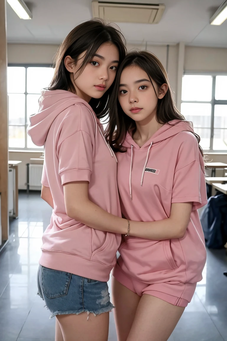 deux femmes ensemble de 18 ans sexy et mince , pink short sleeve hoodie , salle de classe, se touche,position sey,sensuel